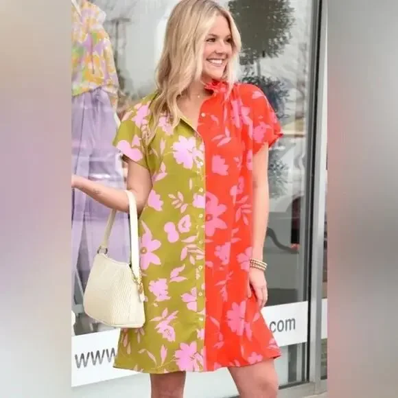 THML Celest Orange/Pink/Green Colorblock Floral Mini Dress Coquette Size Small - Picture 1 of 9